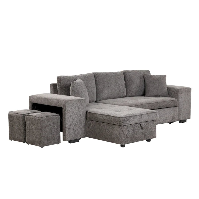 Canapé d'angle convertible 3 places anthracite 104,5 cm avec lit gigogne, méridienne de rangement et 2 poufs pour salon