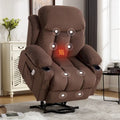 Fauteuil releveur électrique gris avec chauffage, massage, port USB et poches latérales, équipé d'une télécommande.