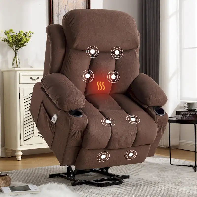 Fauteuil releveur électrique gris avec chauffage, massage, port USB et poches latérales, équipé d'une télécommande.