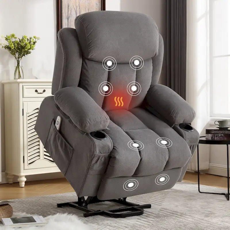 Fauteuil releveur électrique gris avec chauffage, massage, port USB et poches latérales, équipé d'une télécommande.