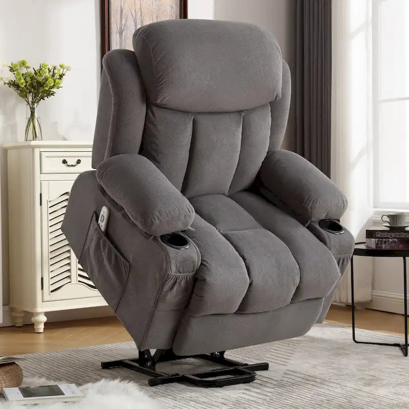 Fauteuil releveur électrique gris avec chauffage, massage, port USB et poches latérales, équipé d'une télécommande.
