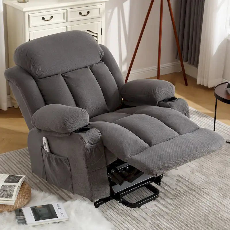 Fauteuil releveur électrique gris avec chauffage, massage, port USB et poches latérales, équipé d'une télécommande.