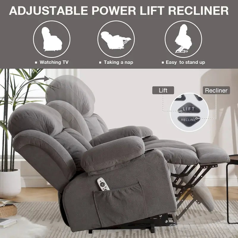 Fauteuil releveur électrique gris avec chauffage, massage, port USB et poches latérales, équipé d'une télécommande.