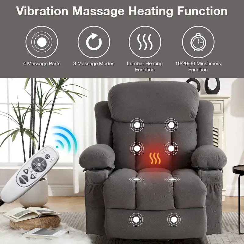 Fauteuil releveur électrique gris avec chauffage, massage, port USB et poches latérales, équipé d'une télécommande.