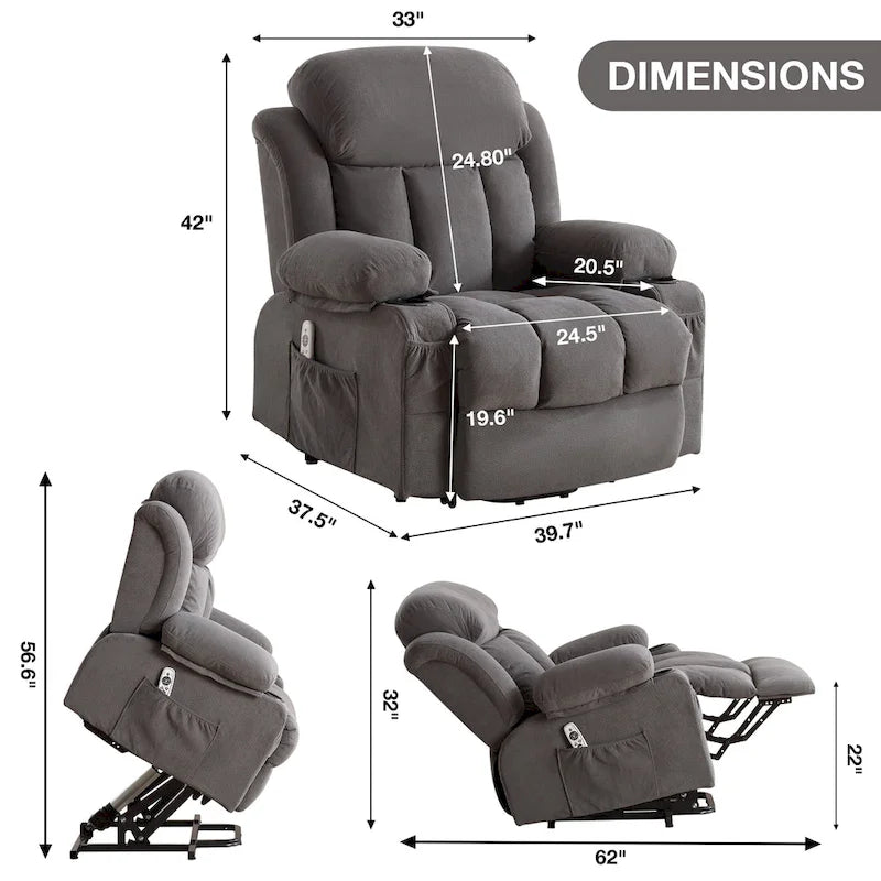 Fauteuil releveur électrique gris avec chauffage, massage, port USB et poches latérales, équipé d'une télécommande.