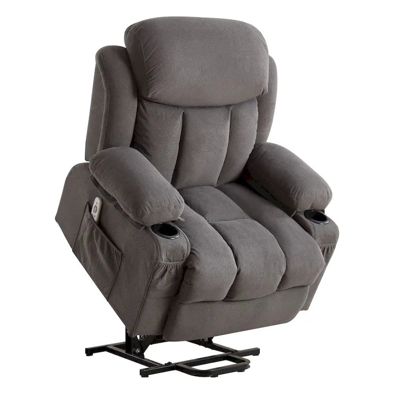 Fauteuil releveur électrique gris avec chauffage, massage, port USB et poches latérales, équipé d'une télécommande.