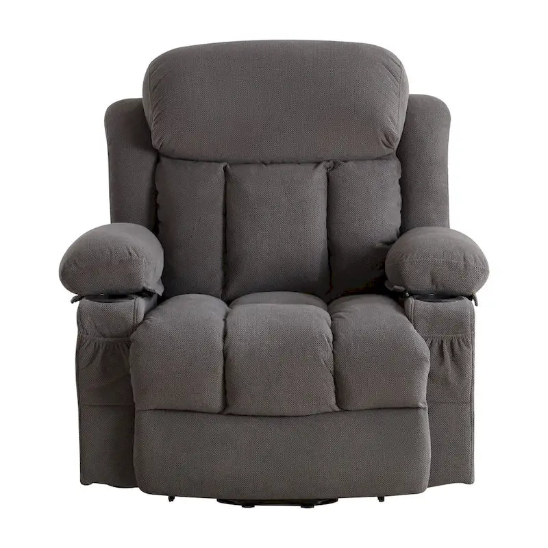 Fauteuil releveur électrique gris avec chauffage, massage, port USB et poches latérales, équipé d'une télécommande.