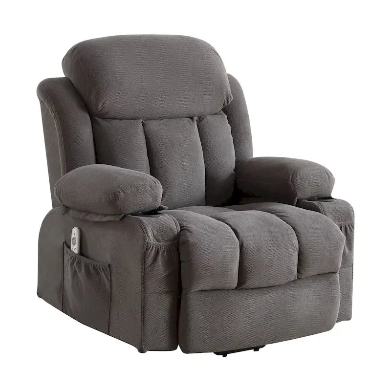 Fauteuil releveur électrique gris avec chauffage, massage, port USB et poches latérales, équipé d'une télécommande.