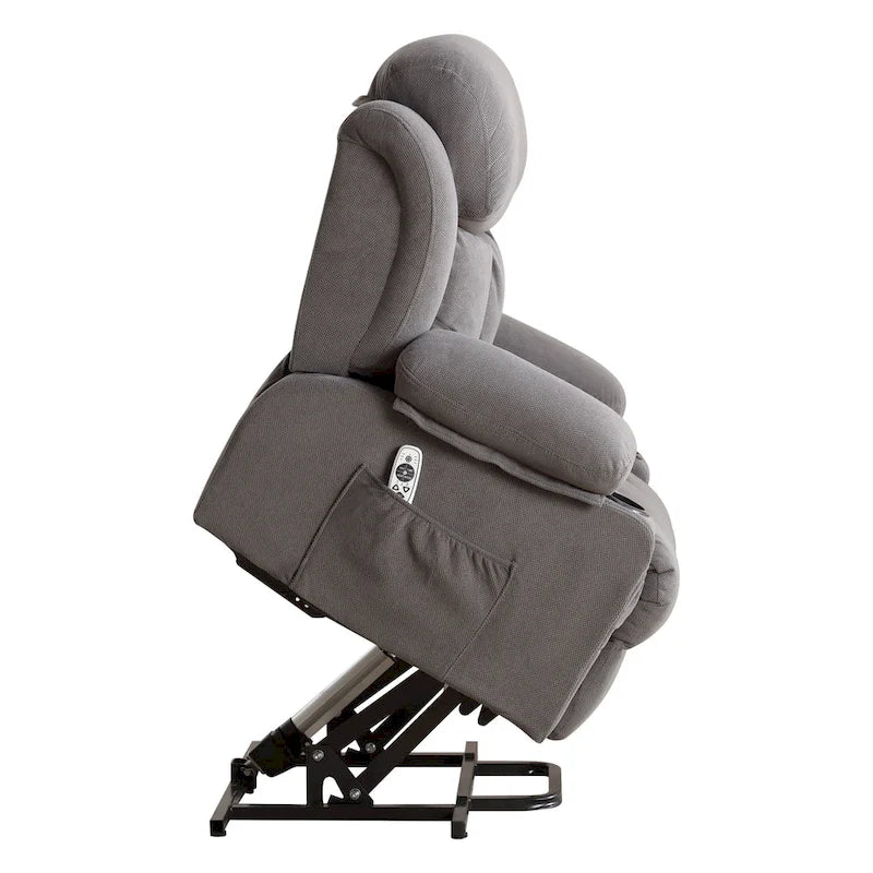 Fauteuil releveur électrique gris avec chauffage, massage, port USB et poches latérales, équipé d'une télécommande.