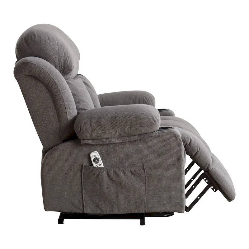 Fauteuil releveur électrique gris avec chauffage, massage, port USB et poches latérales, équipé d'une télécommande.
