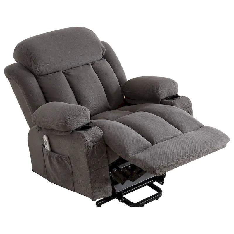 Fauteuil releveur électrique gris avec chauffage, massage, port USB et poches latérales, équipé d'une télécommande.