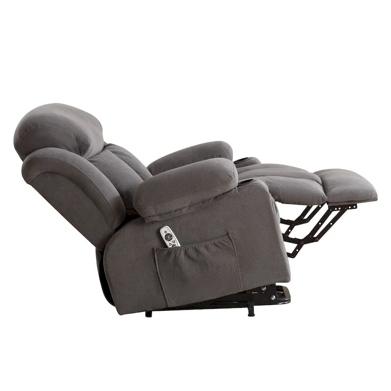 Fauteuil releveur électrique gris avec chauffage, massage, port USB et poches latérales, équipé d'une télécommande.