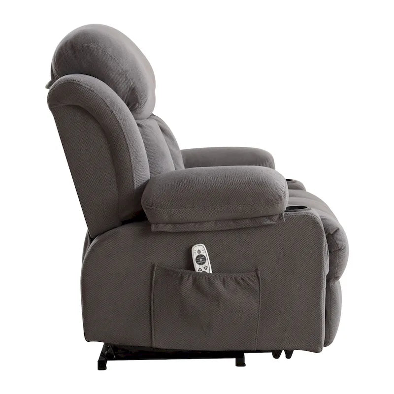 Fauteuil releveur électrique gris avec chauffage, massage, port USB et poches latérales, équipé d'une télécommande.