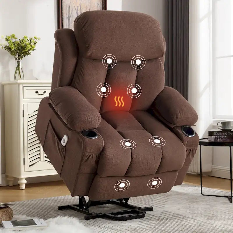 Fauteuil releveur électrique gris avec chauffage, massage, port USB et poches latérales, équipé d'une télécommande.