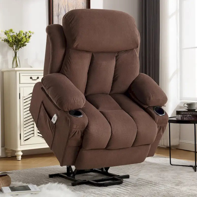 Fauteuil releveur électrique gris avec chauffage, massage, port USB et poches latérales, équipé d'une télécommande.