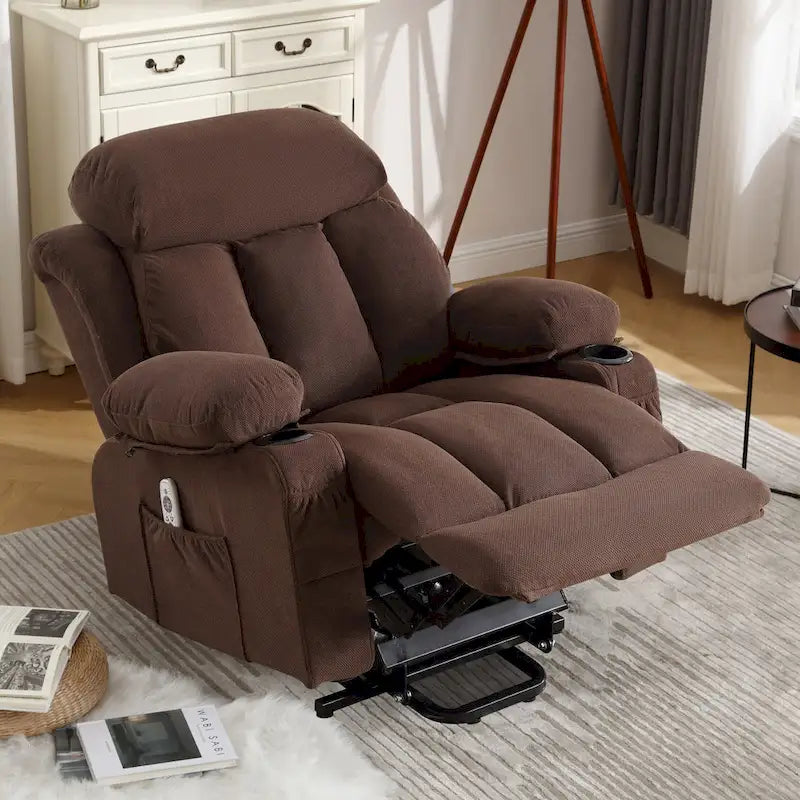 Fauteuil releveur électrique gris avec chauffage, massage, port USB et poches latérales, équipé d'une télécommande.