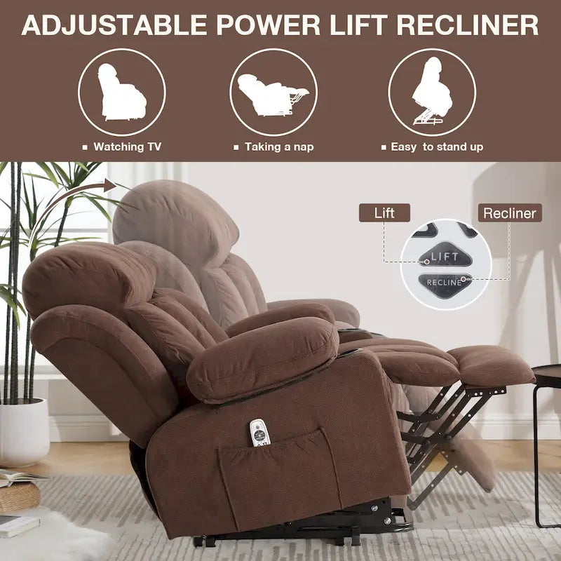 Fauteuil releveur électrique gris avec chauffage, massage, port USB et poches latérales, équipé d'une télécommande.