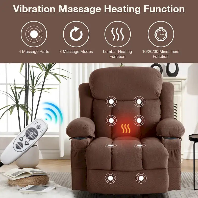 Fauteuil releveur électrique gris avec chauffage, massage, port USB et poches latérales, équipé d'une télécommande.
