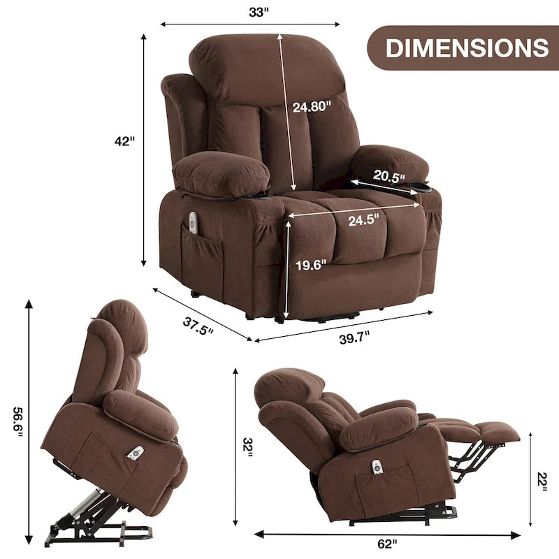 Fauteuil releveur électrique gris avec chauffage, massage, port USB et poches latérales, équipé d'une télécommande.