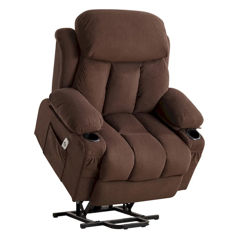 Fauteuil releveur électrique gris avec chauffage, massage, port USB et poches latérales, équipé d'une télécommande.