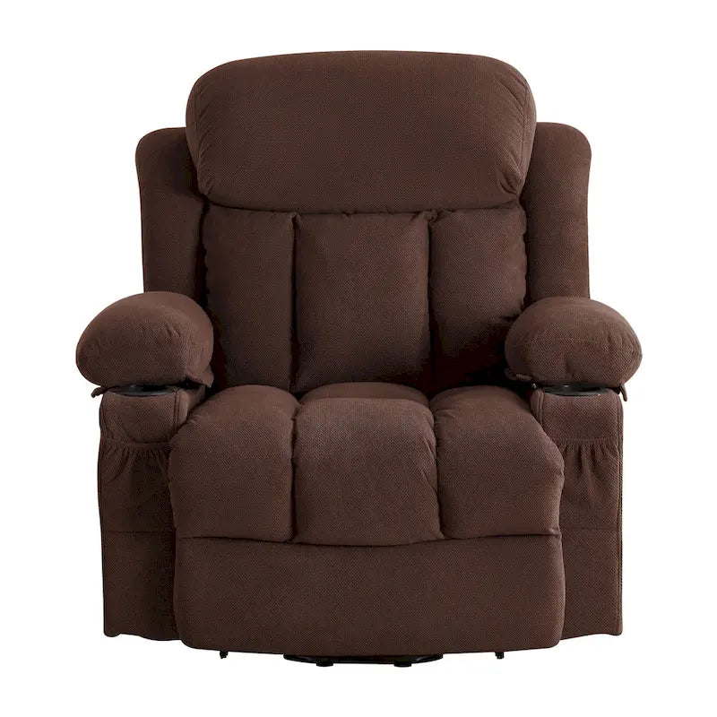 Fauteuil releveur électrique gris avec chauffage, massage, port USB et poches latérales, équipé d'une télécommande.