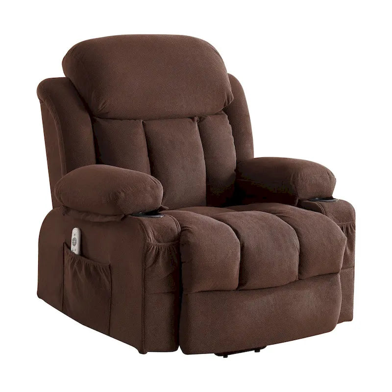 Fauteuil releveur électrique gris avec chauffage, massage, port USB et poches latérales, équipé d'une télécommande.