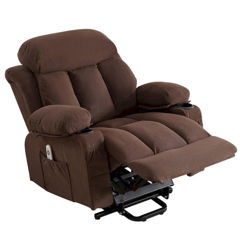 Fauteuil releveur électrique gris avec chauffage, massage, port USB et poches latérales, équipé d'une télécommande.