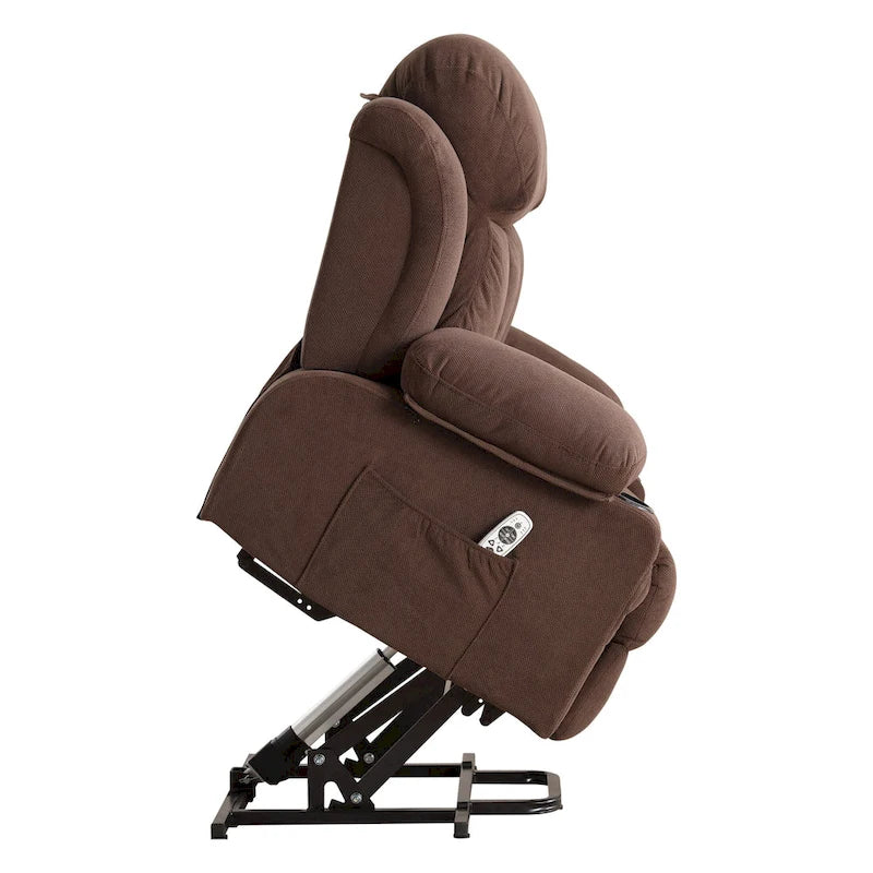 Fauteuil releveur électrique gris avec chauffage, massage, port USB et poches latérales, équipé d'une télécommande.
