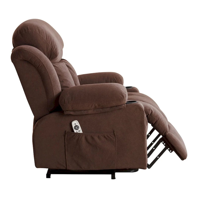 Fauteuil releveur électrique gris avec chauffage, massage, port USB et poches latérales, équipé d'une télécommande.