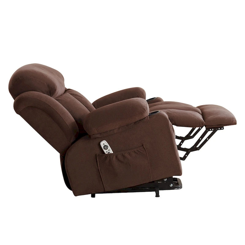 Fauteuil releveur électrique gris avec chauffage, massage, port USB et poches latérales, équipé d'une télécommande.