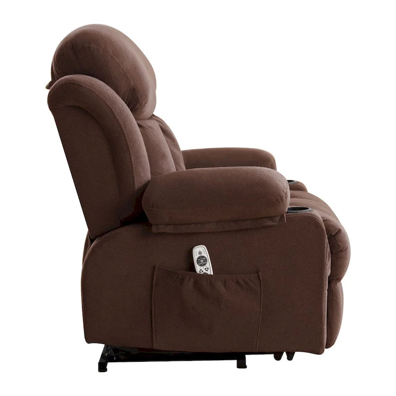 Fauteuil releveur électrique gris avec chauffage, massage, port USB et poches latérales, équipé d'une télécommande.