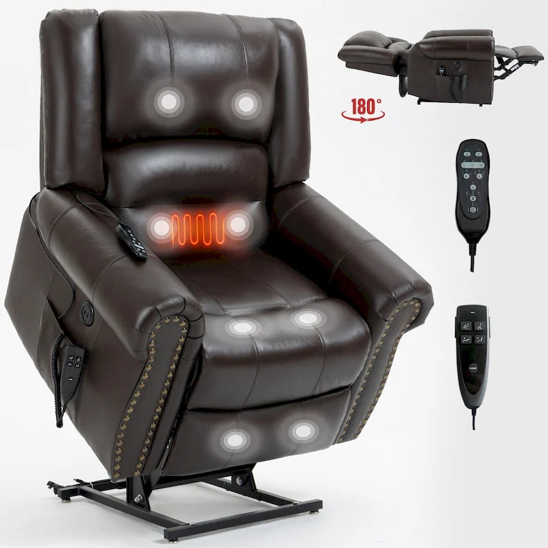 Fauteuil inclinable électrique en cuir véritable marron avec double moteur, massage chauffant, ports USB et inclinaison infinie