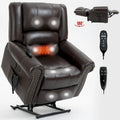Fauteuil inclinable électrique en cuir véritable marron avec double moteur, massage chauffant, ports USB et inclinaison infinie