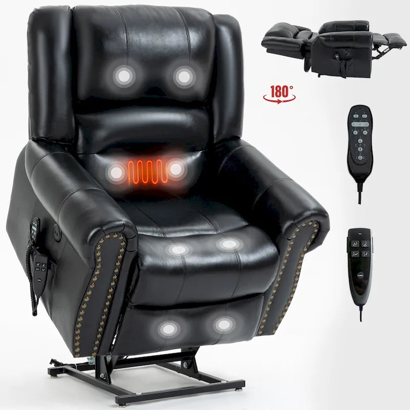 Fauteuil inclinable électrique en cuir véritable marron avec double moteur, massage chauffant, ports USB et inclinaison infinie