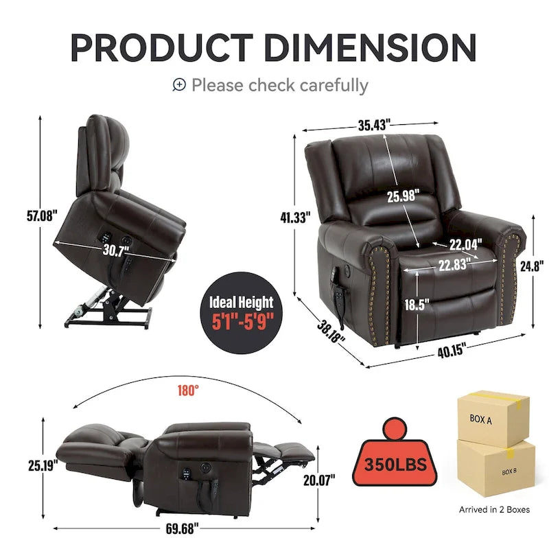 Fauteuil inclinable électrique en cuir véritable marron avec double moteur, massage chauffant, ports USB et inclinaison infinie
