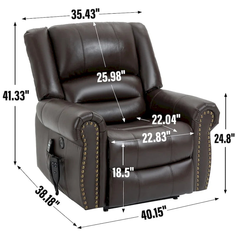 Fauteuil inclinable électrique en cuir véritable marron avec double moteur, massage chauffant, ports USB et inclinaison infinie