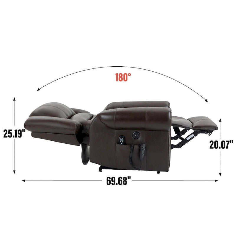 Fauteuil inclinable électrique en cuir véritable marron avec double moteur, massage chauffant, ports USB et inclinaison infinie