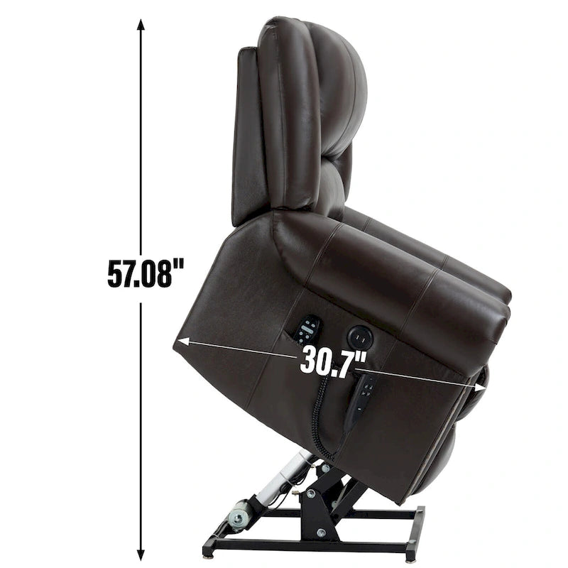 Fauteuil inclinable électrique en cuir véritable marron avec double moteur, massage chauffant, ports USB et inclinaison infinie