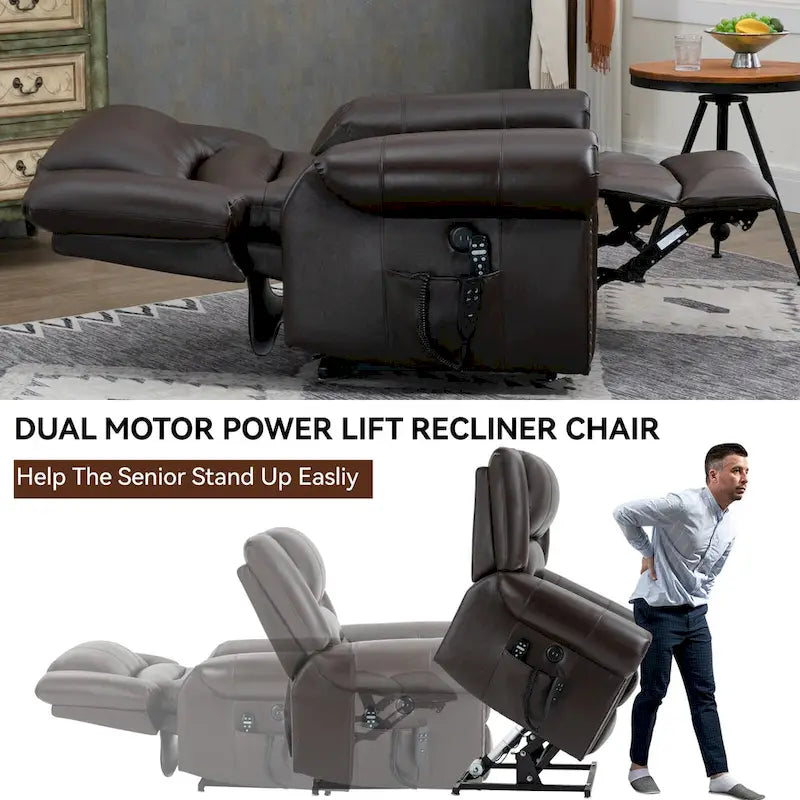 Fauteuil inclinable électrique en cuir véritable marron avec double moteur, massage chauffant, ports USB et inclinaison infinie