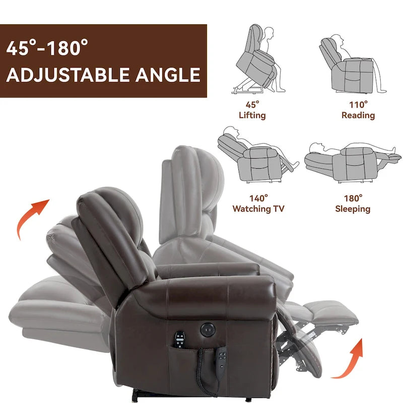 Fauteuil inclinable électrique en cuir véritable marron avec double moteur, massage chauffant, ports USB et inclinaison infinie