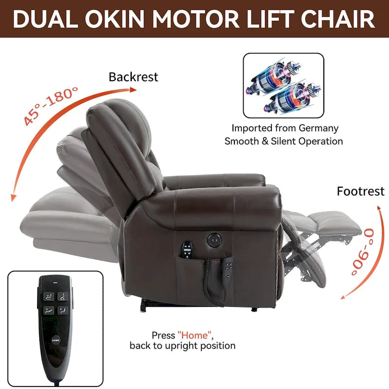 Fauteuil inclinable électrique en cuir véritable marron avec double moteur, massage chauffant, ports USB et inclinaison infinie