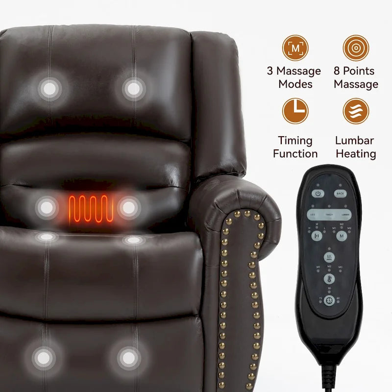 Fauteuil inclinable électrique en cuir véritable marron avec double moteur, massage chauffant, ports USB et inclinaison infinie