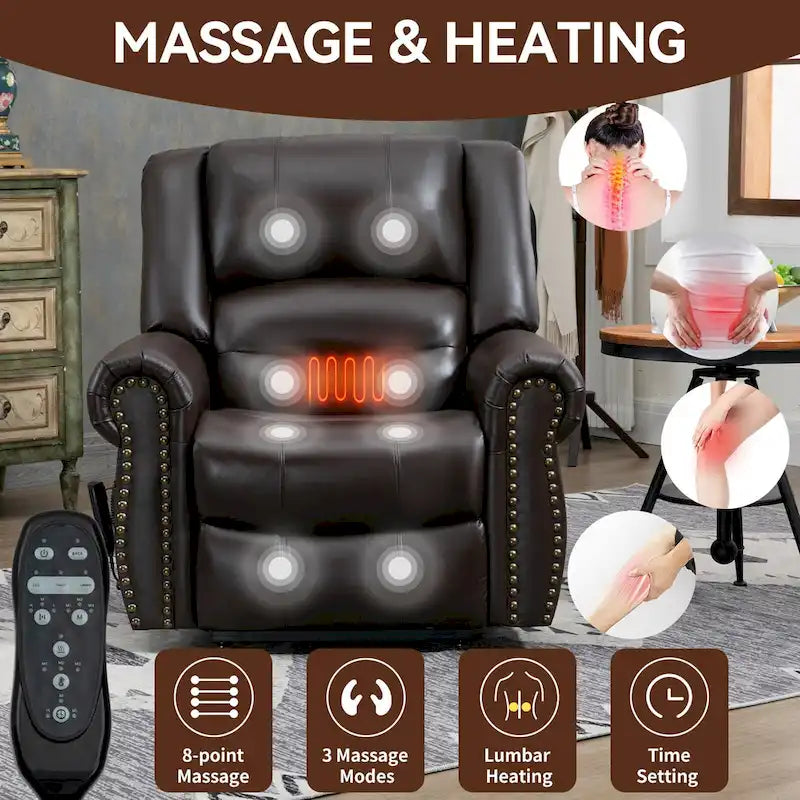 Fauteuil inclinable électrique en cuir véritable marron avec double moteur, massage chauffant, ports USB et inclinaison infinie
