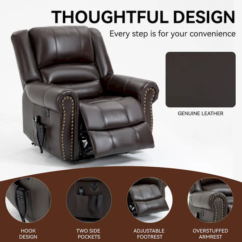 Fauteuil inclinable électrique en cuir véritable marron avec double moteur, massage chauffant, ports USB et inclinaison infinie
