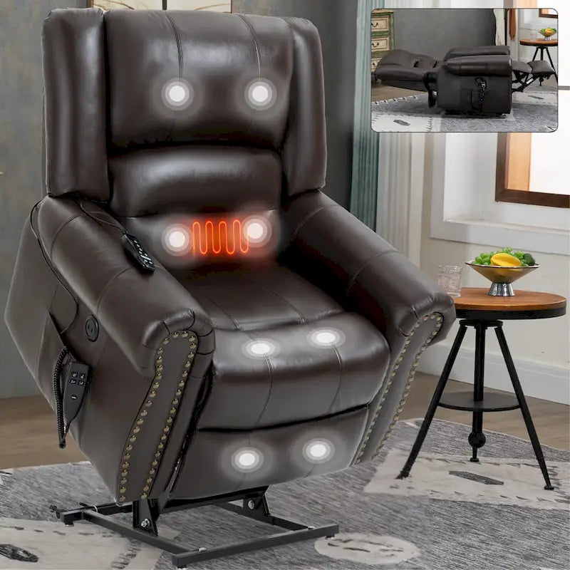 Fauteuil inclinable électrique en cuir véritable marron avec double moteur, massage chauffant, ports USB et inclinaison infinie