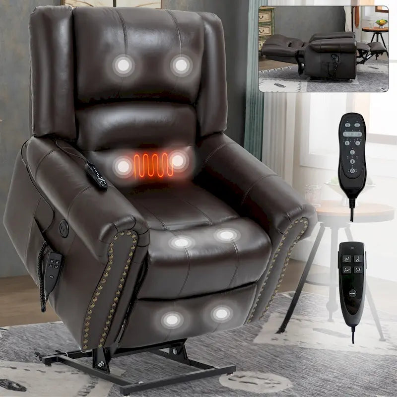 Fauteuil inclinable électrique en cuir véritable marron avec double moteur, massage chauffant, ports USB et inclinaison infinie