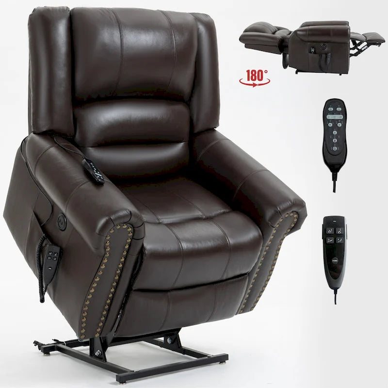 Fauteuil inclinable électrique en cuir véritable marron avec double moteur, massage chauffant, ports USB et inclinaison infinie