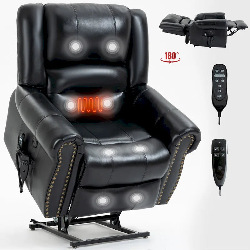 Fauteuil inclinable électrique en cuir véritable marron avec double moteur, massage chauffant, ports USB et inclinaison infinie