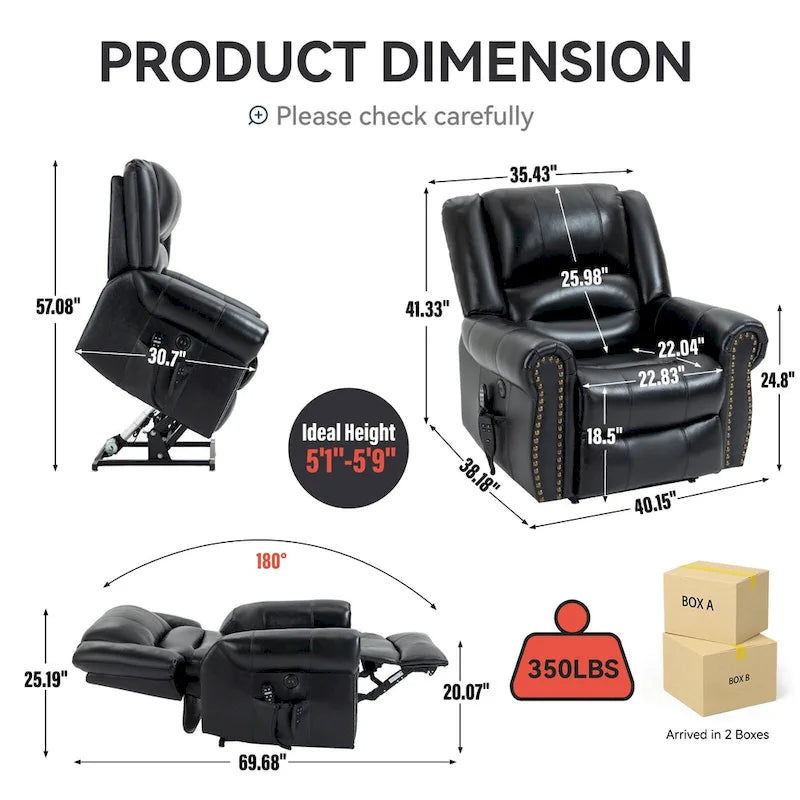 Fauteuil inclinable électrique en cuir véritable marron avec double moteur, massage chauffant, ports USB et inclinaison infinie