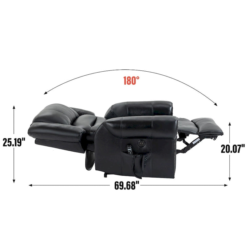 Fauteuil inclinable électrique en cuir véritable marron avec double moteur, massage chauffant, ports USB et inclinaison infinie